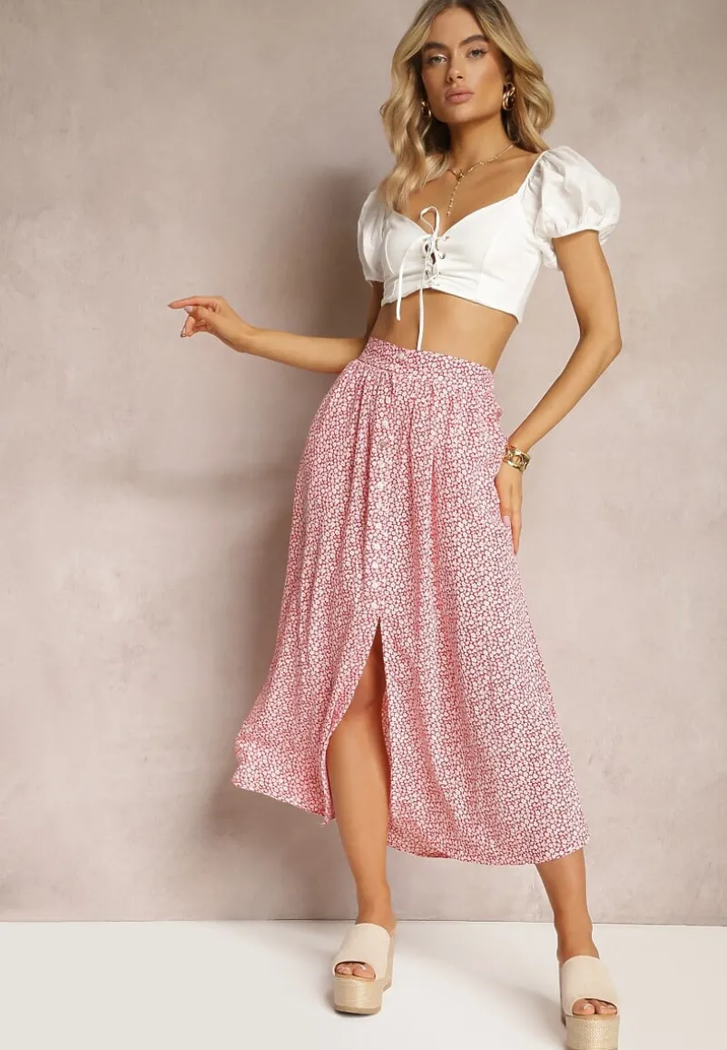 Czerwono-Biała Rozkloszowana Spódnica z Wiskozy w Kwiatowy Wzór z Guzikami Moragi