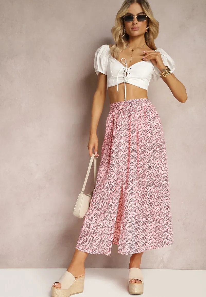 Czerwono-Biała Rozkloszowana Spódnica z Wiskozy w Kwiatowy Wzór z Guzikami Moragi