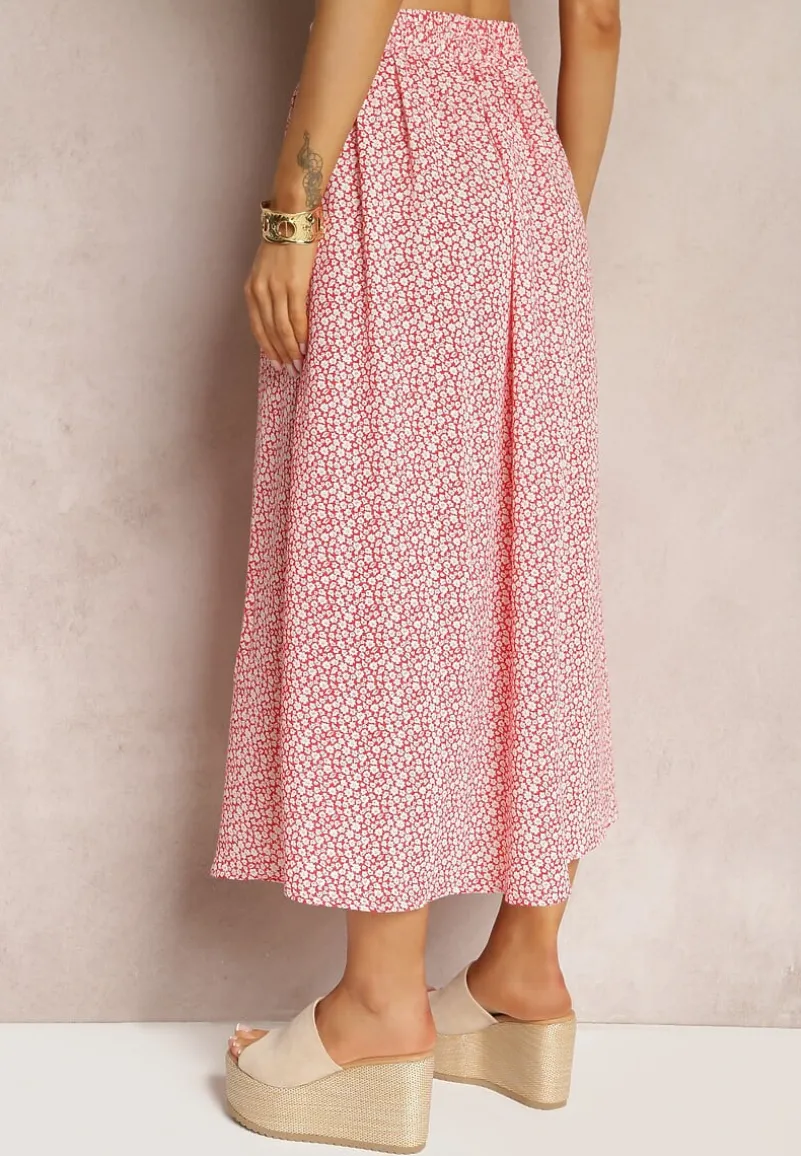 Czerwono-Biała Rozkloszowana Spódnica z Wiskozy w Kwiatowy Wzór z Guzikami Moragi
