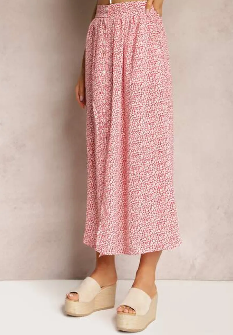 Czerwono-Biała Rozkloszowana Spódnica z Wiskozy w Kwiatowy Wzór z Guzikami Moragi