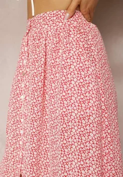 Czerwono-Biała Rozkloszowana Spódnica z Wiskozy w Kwiatowy Wzór z Guzikami Moragi