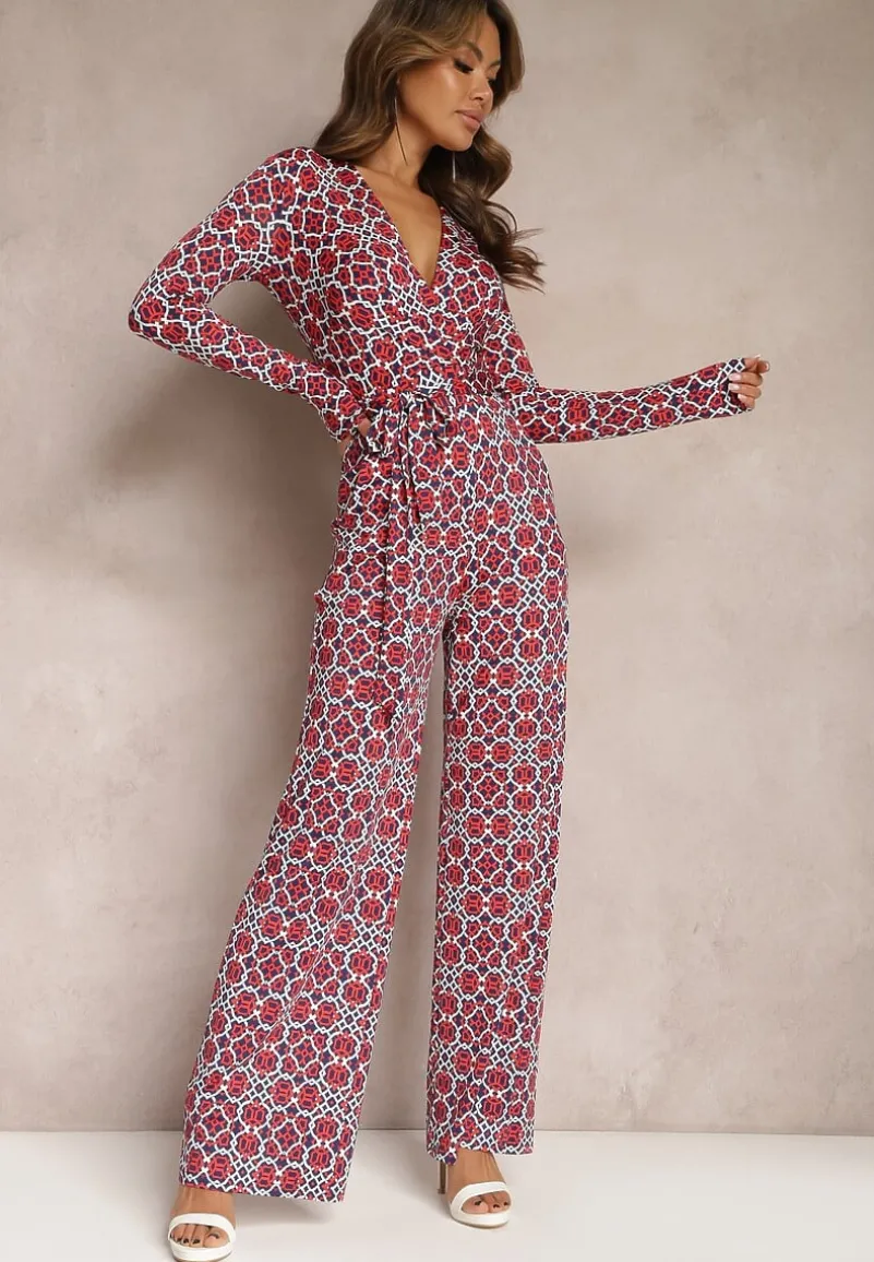 Czerwono-Biały Kombinezon w Geometryczne Wzory z Szerokimi Nogawkami i Paskiem w Talii Soliti