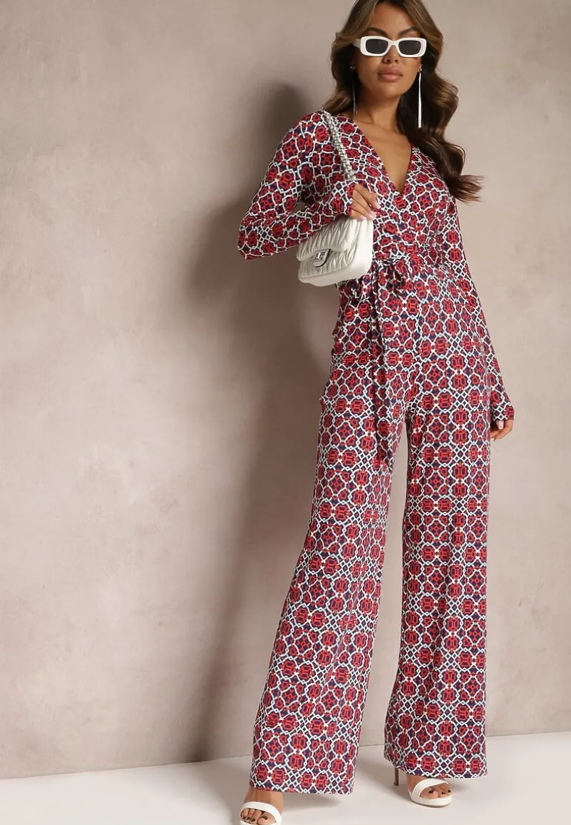 Czerwono-Biały Kombinezon w Geometryczne Wzory z Szerokimi Nogawkami i Paskiem w Talii Soliti