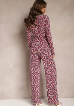 Czerwono-Biały Kombinezon w Geometryczne Wzory z Szerokimi Nogawkami i Paskiem w Talii Soliti
