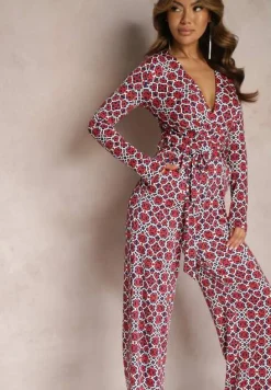 Czerwono-Biały Kombinezon w Geometryczne Wzory z Szerokimi Nogawkami i Paskiem w Talii Soliti