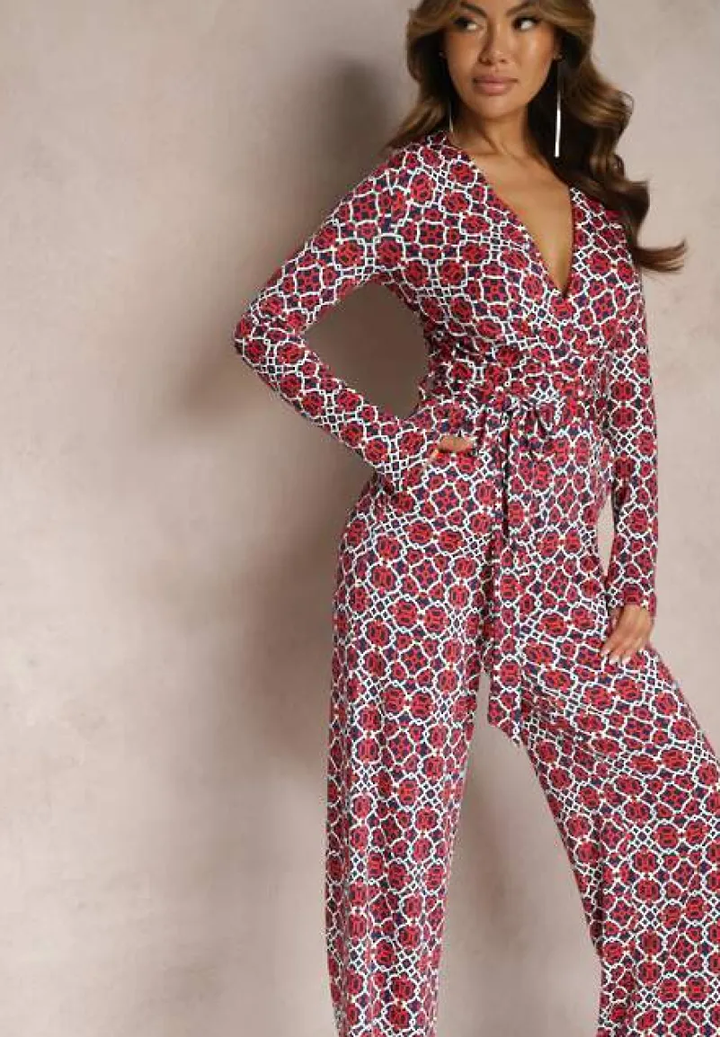 Czerwono-Biały Kombinezon w Geometryczne Wzory z Szerokimi Nogawkami i Paskiem w Talii Soliti