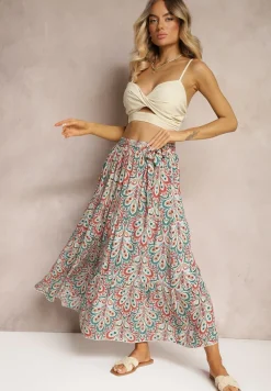 Czerwono-Niebieska Wiskozowa Spódnica Maxi z Gumką w Talii z Materiałowym Paskiem Annalicia