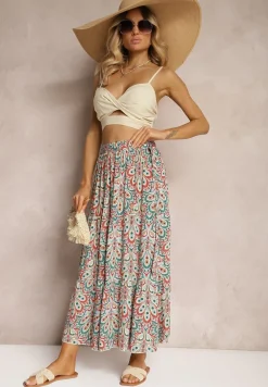 Czerwono-Niebieska Wiskozowa Spódnica Maxi z Gumką w Talii z Materiałowym Paskiem Annalicia