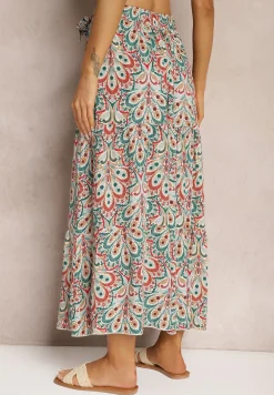 Czerwono-Niebieska Wiskozowa Spódnica Maxi z Gumką w Talii z Materiałowym Paskiem Annalicia