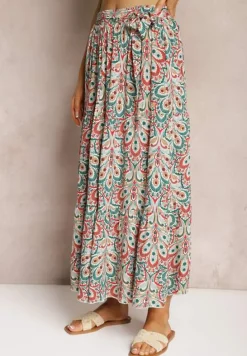 Czerwono-Niebieska Wiskozowa Spódnica Maxi z Gumką w Talii z Materiałowym Paskiem Annalicia