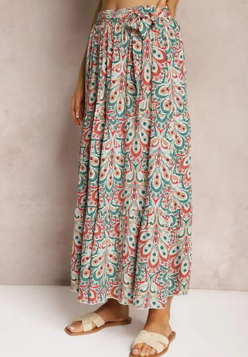 Czerwono-Niebieska Wiskozowa Spódnica Maxi z Gumką w Talii z Materiałowym Paskiem Annalicia