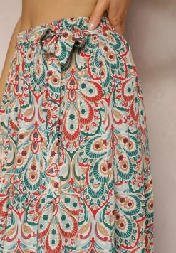 Czerwono-Niebieska Wiskozowa Spódnica Maxi z Gumką w Talii z Materiałowym Paskiem Annalicia