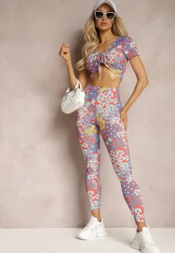 Czerwono-Niebieski 2-Częściowy Komplet w Kwiecisty Wzór Top i Legginsy Xeranetta
