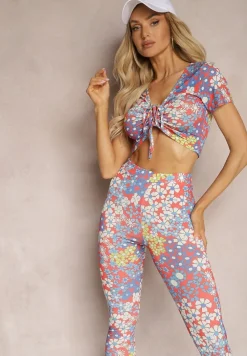 Czerwono-Niebieski 2-Częściowy Komplet w Kwiecisty Wzór Top i Legginsy Xeranetta