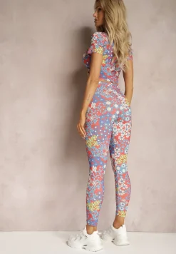Czerwono-Niebieski 2-Częściowy Komplet w Kwiecisty Wzór Top i Legginsy Xeranetta