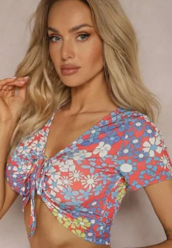 Czerwono-Niebieski 2-Częściowy Komplet w Kwiecisty Wzór Top i Legginsy Xeranetta