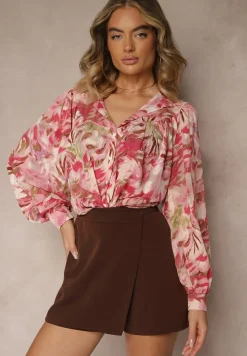 Czerwono-Różowa Koszula z Szerokimi Rękawami we Florystyczny Print Letossa