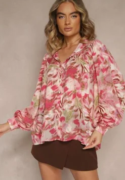 Czerwono-Różowa Koszula z Szerokimi Rękawami we Florystyczny Print Letossa