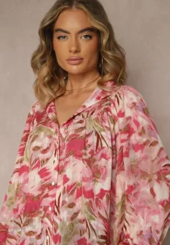 Czerwono-Różowa Koszula z Szerokimi Rękawami we Florystyczny Print Letossa