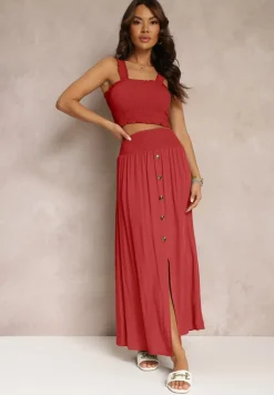 Czerwony 2-częściowy Bawełniany Komplet z Długą Spódnicą i Elastycznym Topem Diomastis
