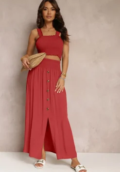 Czerwony 2-częściowy Bawełniany Komplet z Długą Spódnicą i Elastycznym Topem Diomastis