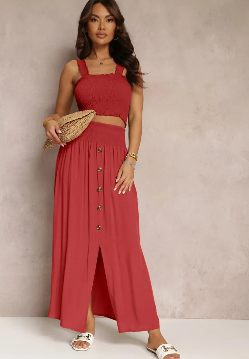 Czerwony 2-częściowy Bawełniany Komplet z Długą Spódnicą i Elastycznym Topem Diomastis