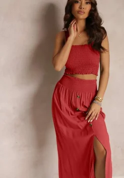 Czerwony 2-częściowy Bawełniany Komplet z Długą Spódnicą i Elastycznym Topem Diomastis