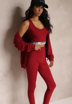 Czerwony 3-częściowy Komplet Legginsy z Gumką w Talii z Topem i Bluzą z Kapturem Lineta