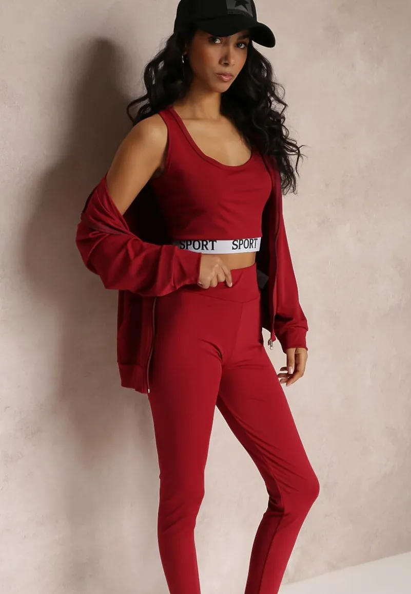 Czerwony 3-częściowy Komplet Legginsy z Gumką w Talii z Topem i Bluzą z Kapturem Lineta