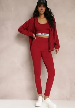 Czerwony 3-częściowy Komplet Legginsy z Gumką w Talii z Topem i Bluzą z Kapturem Lineta