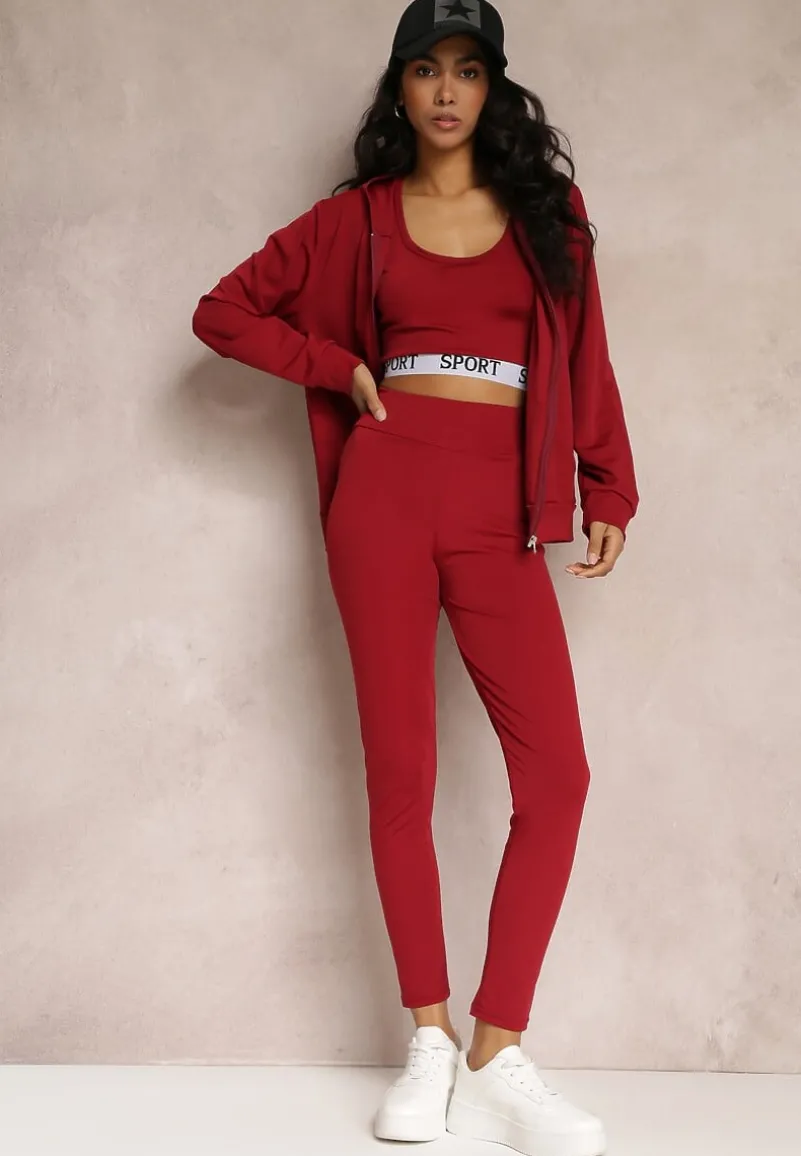Czerwony 3-częściowy Komplet Legginsy z Gumką w Talii z Topem i Bluzą z Kapturem Lineta