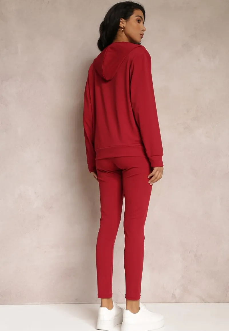 Czerwony 3-częściowy Komplet Legginsy z Gumką w Talii z Topem i Bluzą z Kapturem Lineta