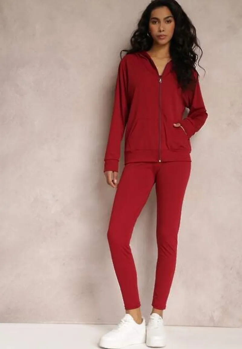 Czerwony 3-częściowy Komplet Legginsy z Gumką w Talii z Topem i Bluzą z Kapturem Lineta