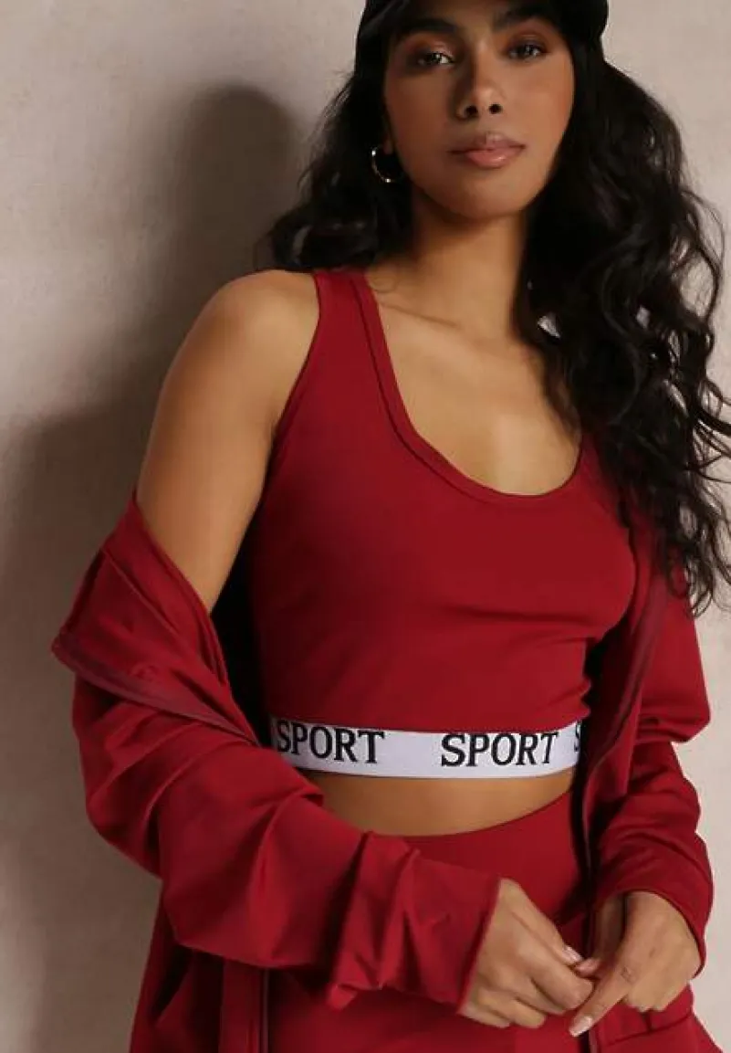 Czerwony 3-częściowy Komplet Legginsy z Gumką w Talii z Topem i Bluzą z Kapturem Lineta