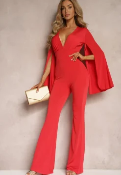 Czerwony Dopasowany Kombinezon z Rozkloszowanymi Rękawami i Głębokim Dekoltem Andrika