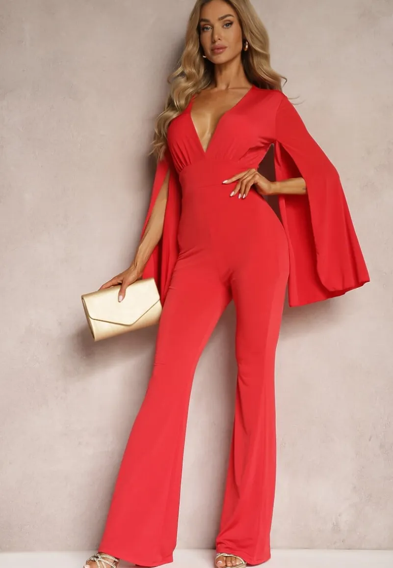 Czerwony Dopasowany Kombinezon z Rozkloszowanymi Rękawami i Głębokim Dekoltem Andrika