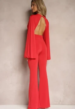 Czerwony Dopasowany Kombinezon z Rozkloszowanymi Rękawami i Głębokim Dekoltem Andrika