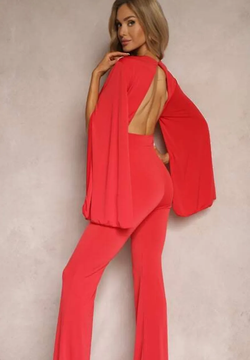 Czerwony Dopasowany Kombinezon z Rozkloszowanymi Rękawami i Głębokim Dekoltem Andrika