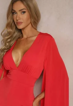 Czerwony Dopasowany Kombinezon z Rozkloszowanymi Rękawami i Głębokim Dekoltem Andrika