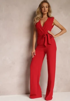 Czerwony Długi Kombinezon Wiązany w Pasie z Guzikami Na Ramionach Amile