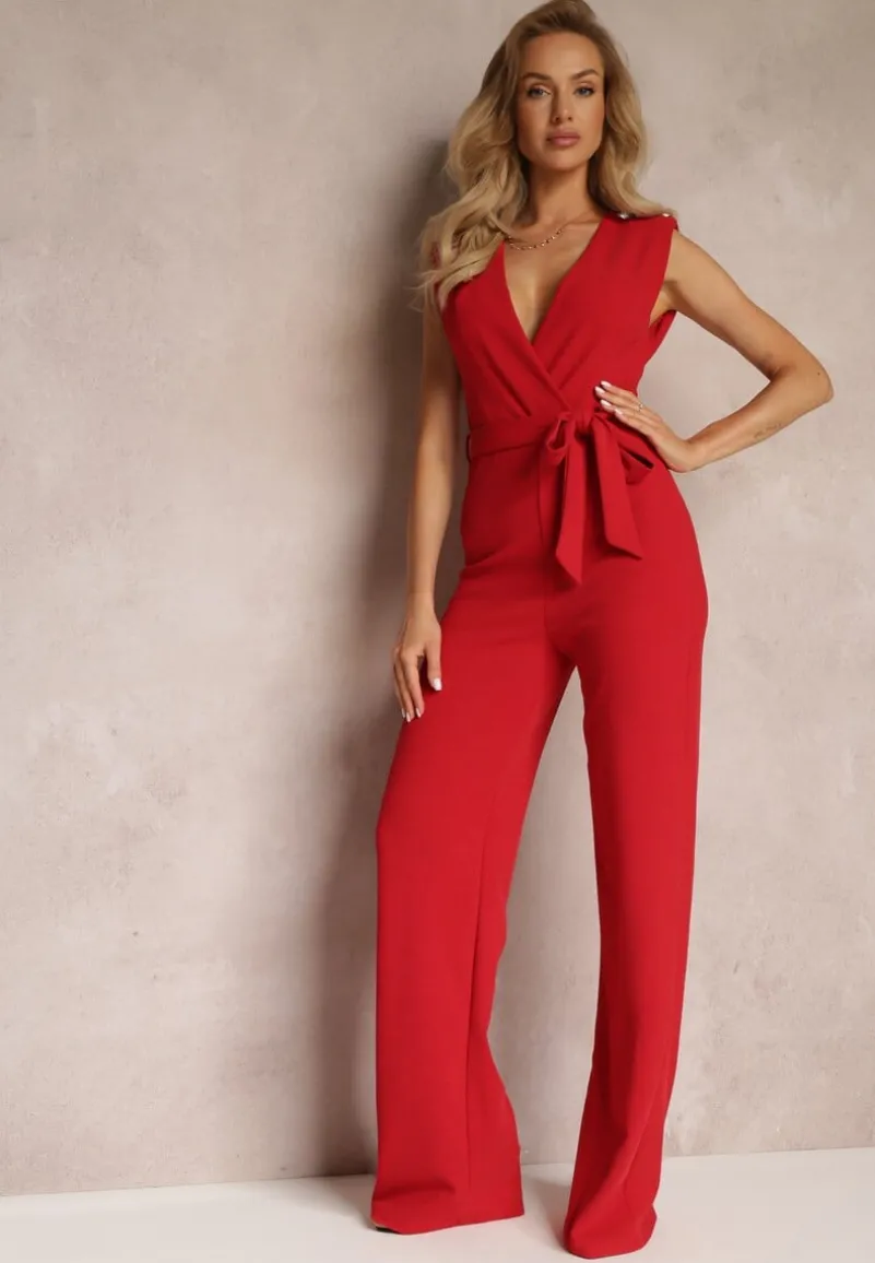 Czerwony Długi Kombinezon Wiązany w Pasie z Guzikami Na Ramionach Amile