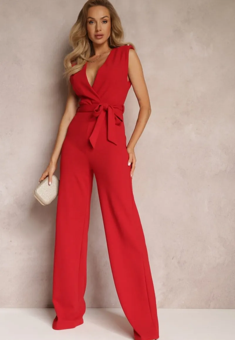 Czerwony Długi Kombinezon Wiązany w Pasie z Guzikami Na Ramionach Amile