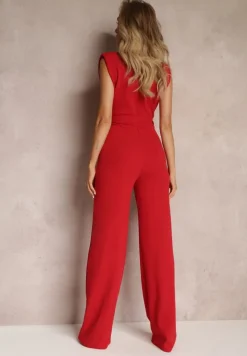 Czerwony Długi Kombinezon Wiązany w Pasie z Guzikami Na Ramionach Amile