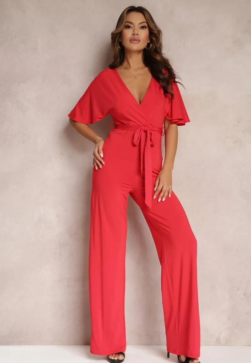 Czerwony Długi Kombinezon z Wiązaniem i Głębokim Kopertowym Dekoltem Sumya