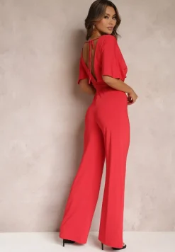 Czerwony Długi Kombinezon z Wiązaniem i Głębokim Kopertowym Dekoltem Sumya
