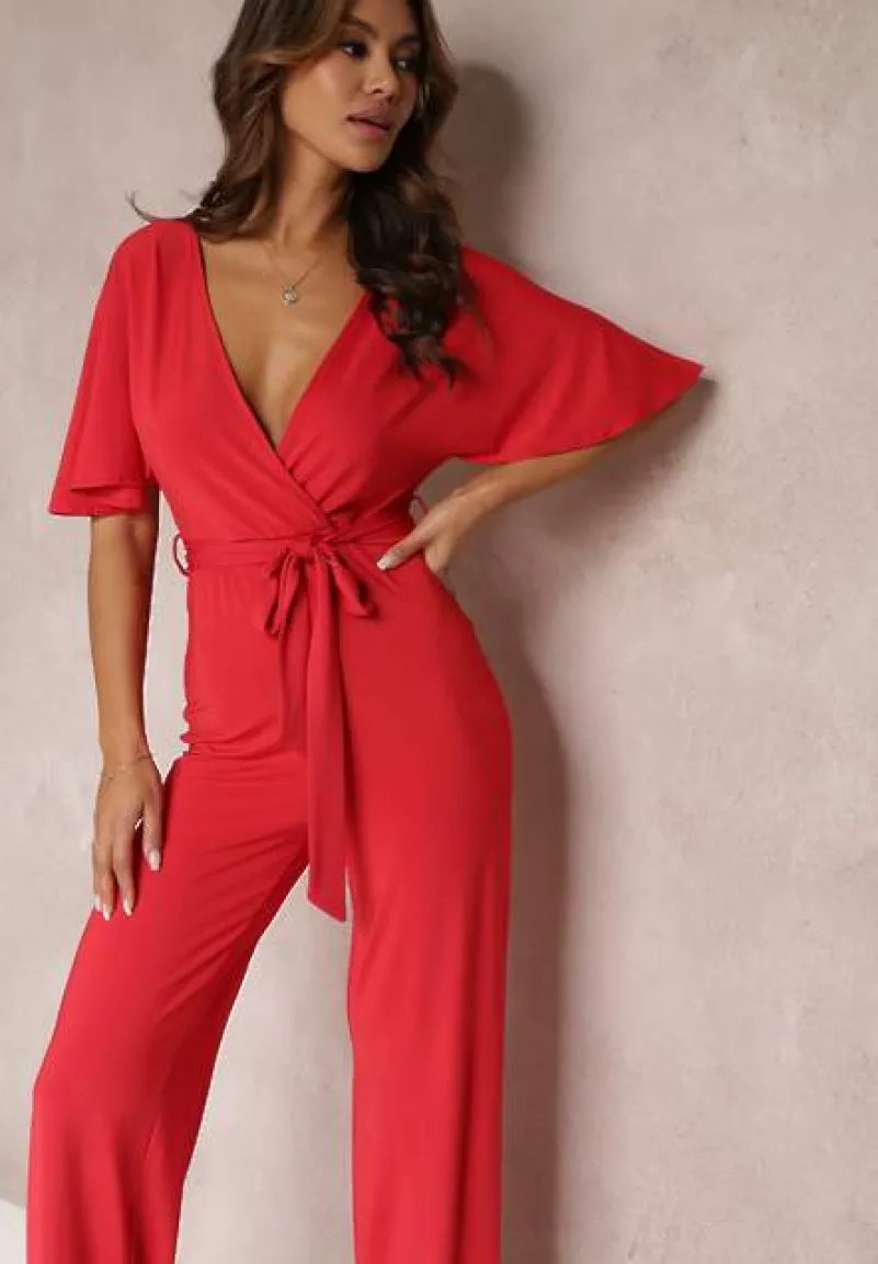 Czerwony Długi Kombinezon z Wiązaniem i Głębokim Kopertowym Dekoltem Sumya