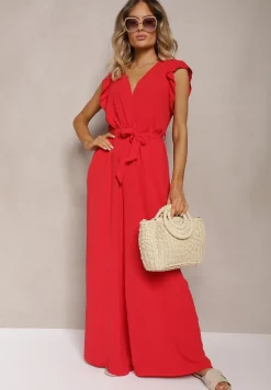 Czerwony Koktajlowy Kombinezon Wiązany Paskiem Wykończony Falbankami przy Ramionach Vimaseni