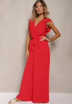 Czerwony Koktajlowy Kombinezon Wiązany Paskiem Wykończony Falbankami przy Ramionach Vimaseni