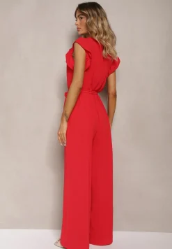 Czerwony Koktajlowy Kombinezon Wiązany Paskiem Wykończony Falbankami przy Ramionach Vimaseni