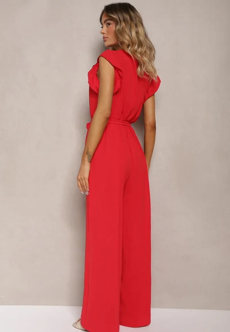 Czerwony Koktajlowy Kombinezon Wiązany Paskiem Wykończony Falbankami przy Ramionach Vimaseni